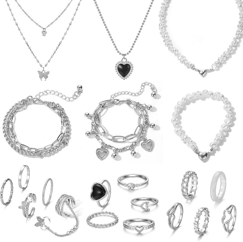 IFKM 36 PC Silver Plated Jewelry Set With 3 Necklace, 12 Bracelet, 7 Ear Cuffs Earring, 14 Knuckle Rings For Women Girls Valentine Anniversary Birthday Friendship Gift - Image 1